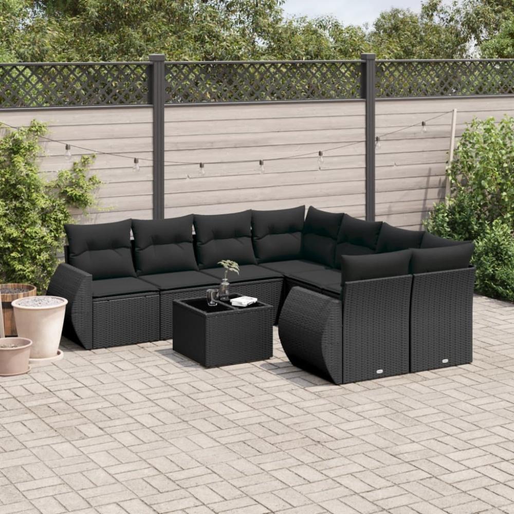 vidaXL 9-tlg. Garten-Sofagarnitur mit Kissen Schwarz Poly Rattan 3221154 Bild 1