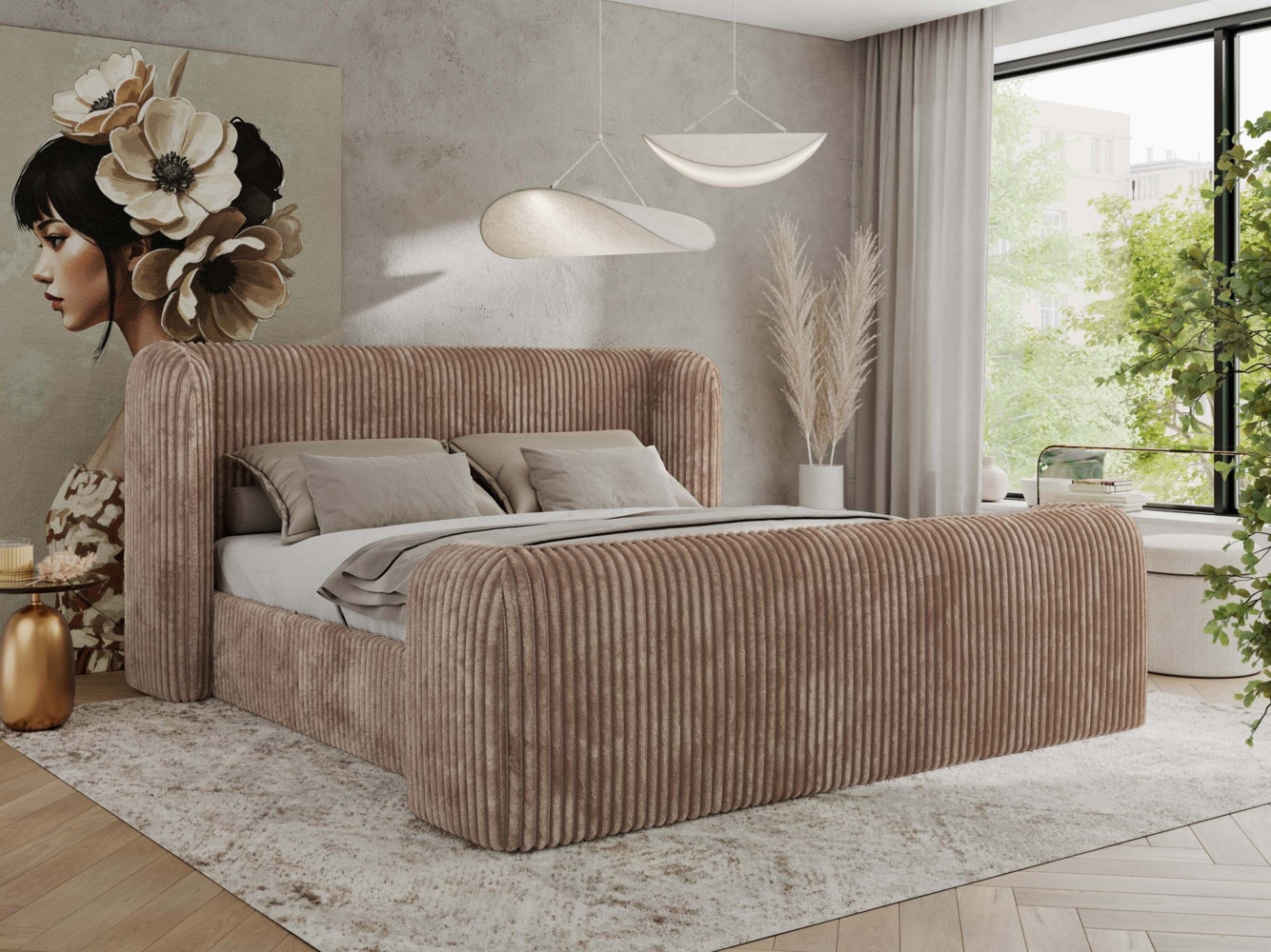 Polsterbett mit Lattenrost, Doppelbett für Schlafzimmer, Gepolstertes Kopfteil, Multipocket matratze, Härtegrad H3/H4 - EMORA CLASSIC DUO - 140 x 200 cm - Braun Cord - ELORI - LUX Bild 1