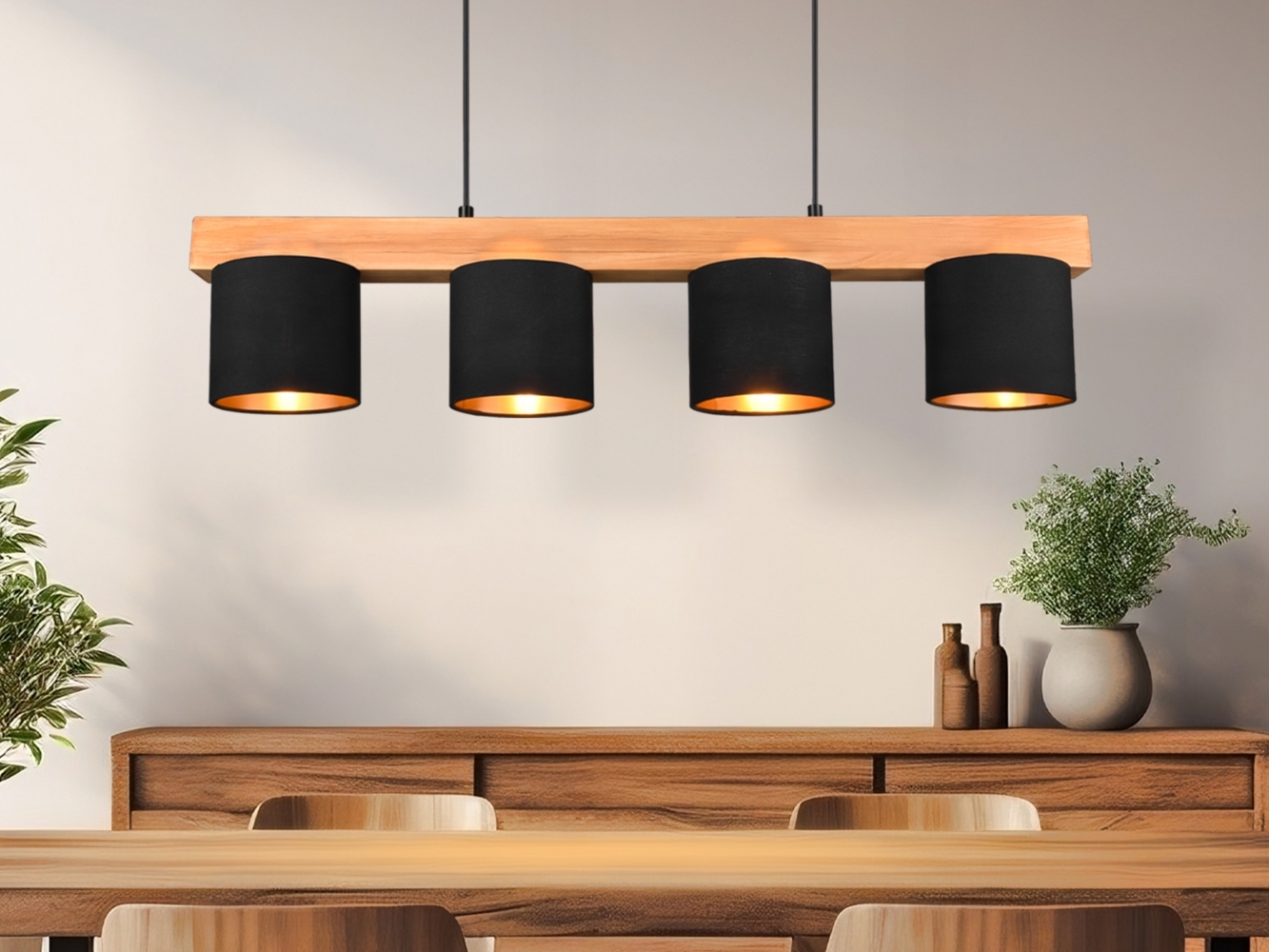 Holzleuchte, 4 flammig, Höhe anpassbar, schwarz, gold Bild 1