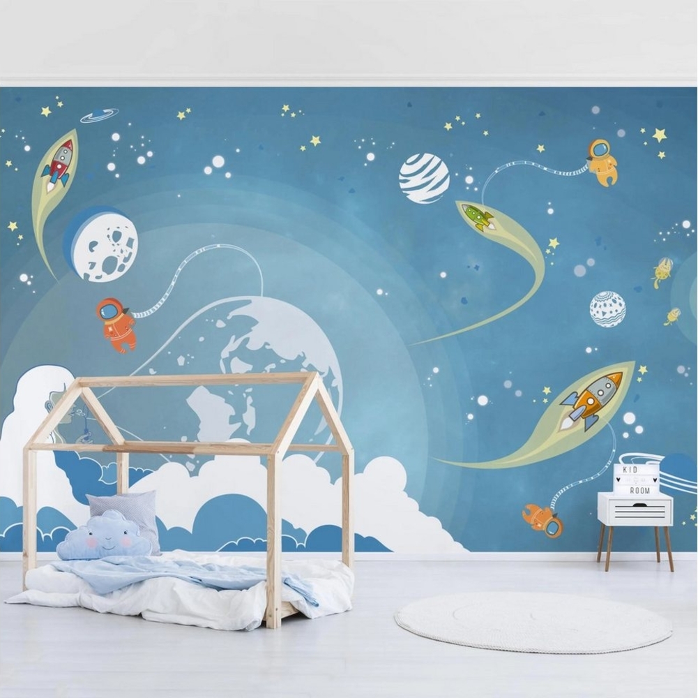 Bilderdepot24 Kindertapete Kinderzimmer Buntes Weltraumtreiben Kinder Wanddeko Weltall Rakete, Glatt, Matt, (Vliestapete inkl. Kleister oder selbstklebend), Mädchenzimmer Jungenzimmer Babyzimmer Bildtapete Fototapete Wandtapete Bild 1