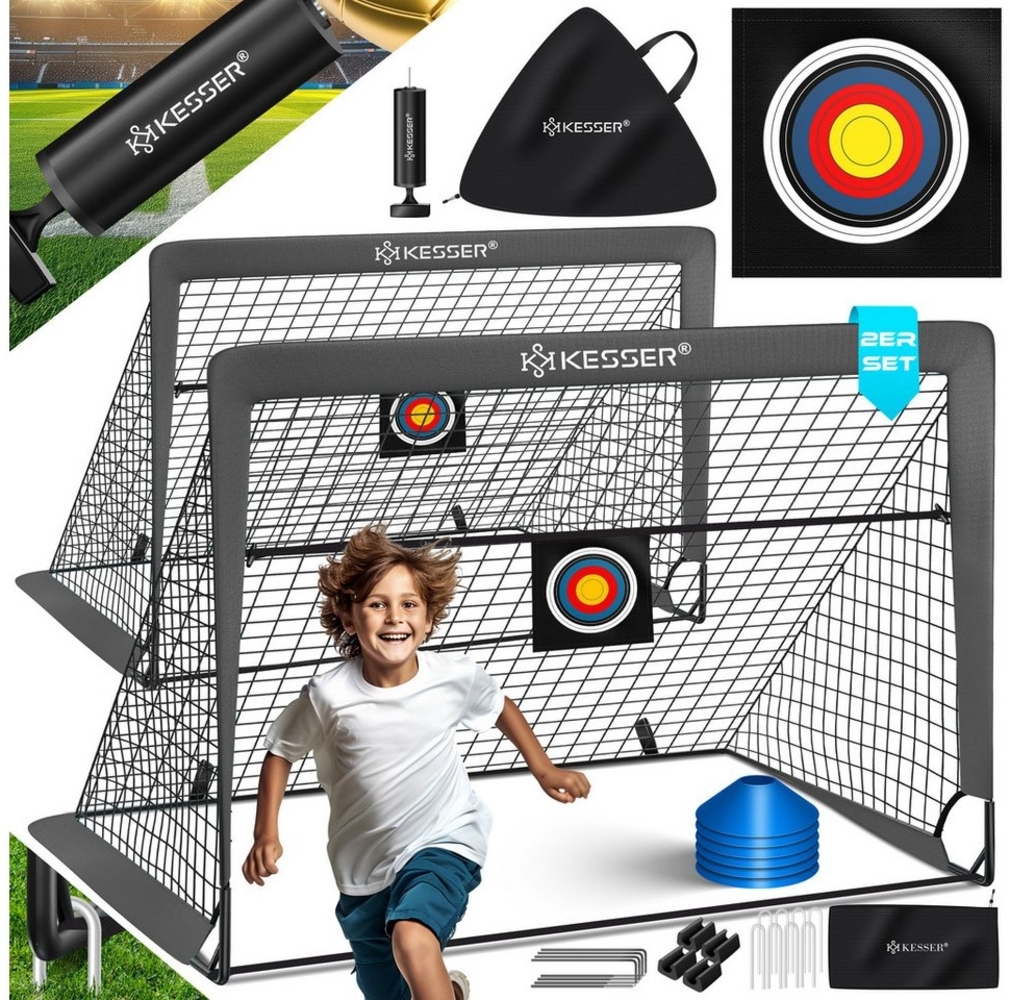 KESSER Pop-Up Fußballtor, 2er Set, mit Transporttasche, 6x Hütchen, Ballpumpe & Zielscheibe, Glasfaserstangen, 120x90 cm, Anthrazit Bild 1