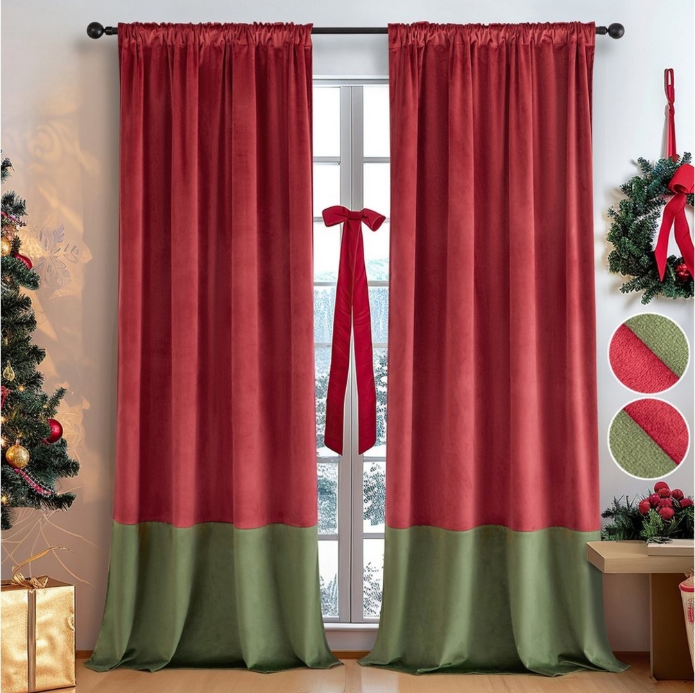 BTTO V&G Gardine Vorhang Samt Blickdicht,Weihnachtsvorhänge,Verdunkelungsvorhang (2 St), verdunkelnd, Thermogardine,Rote und Grüne Farbkombination Bild 1