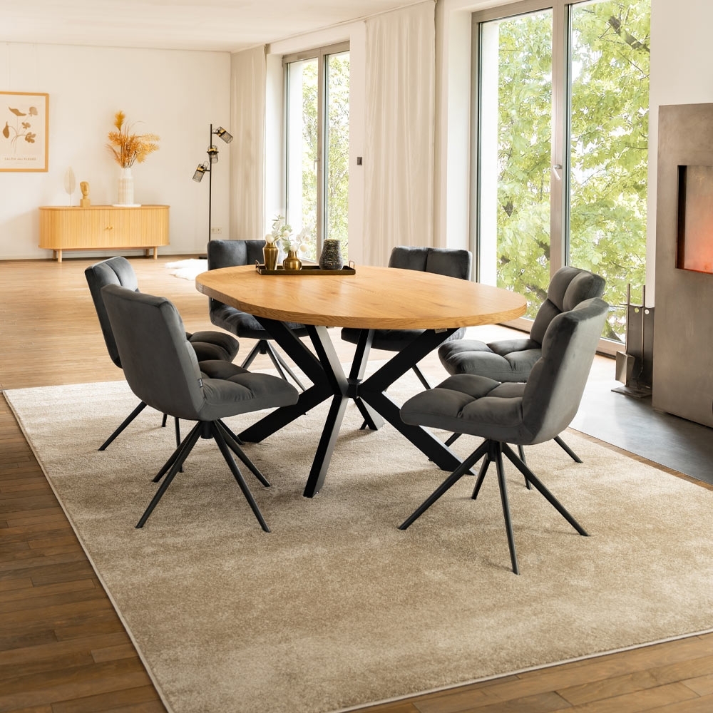 HOME DELUXE Essgruppe Rund Ausziehbar AVENTURA inkl. Sternfuß - 120-160x120 cm Light Oak 6 Stühle Bild 1