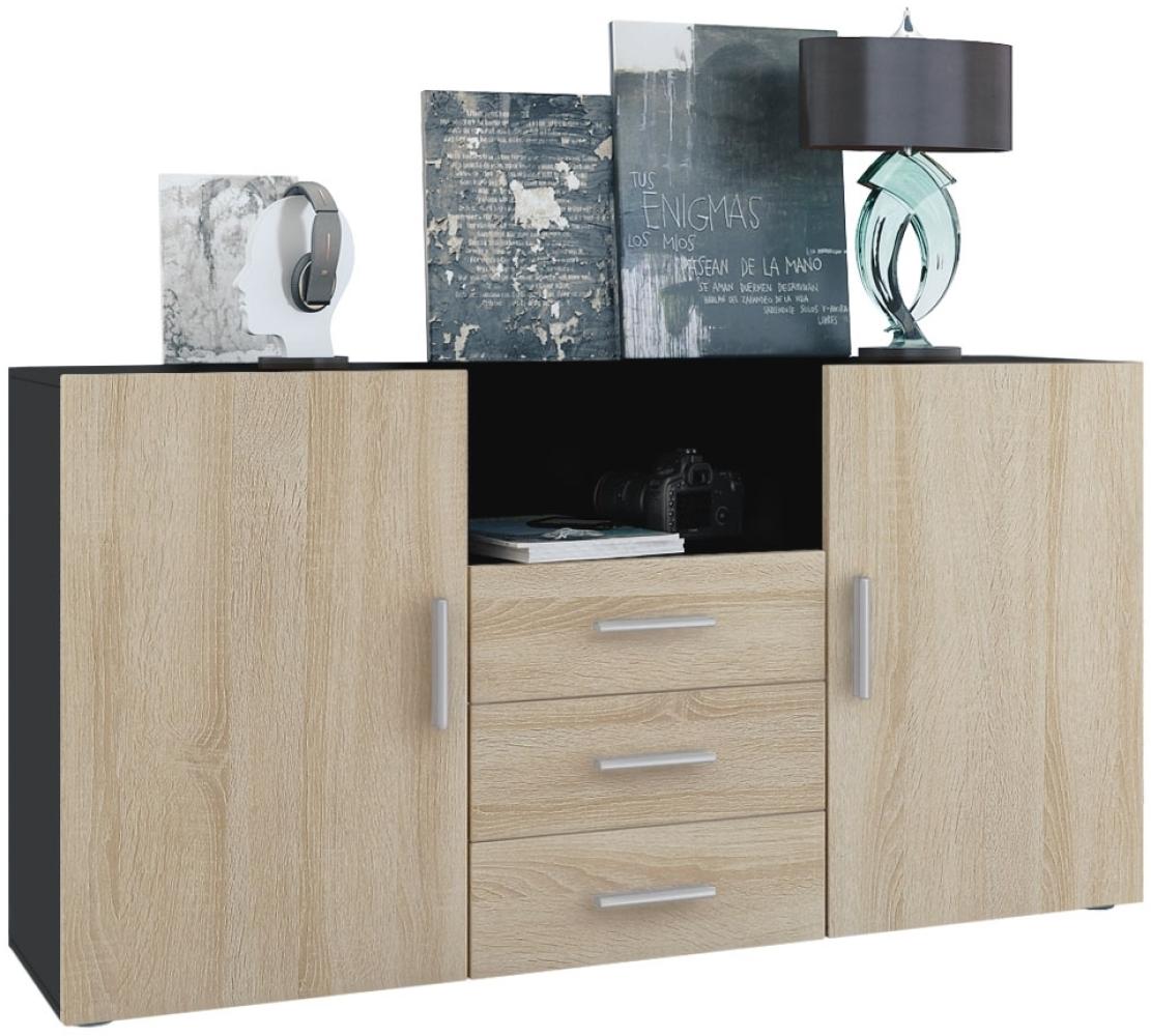 Vladon Sideboard Skadu, Kommode mit 2 Türen, 3 Schubladen und 1 offenem Fach, Schwarz matt/Eiche sägerau (138,5 x 71,5 x 35 cm) Bild 1