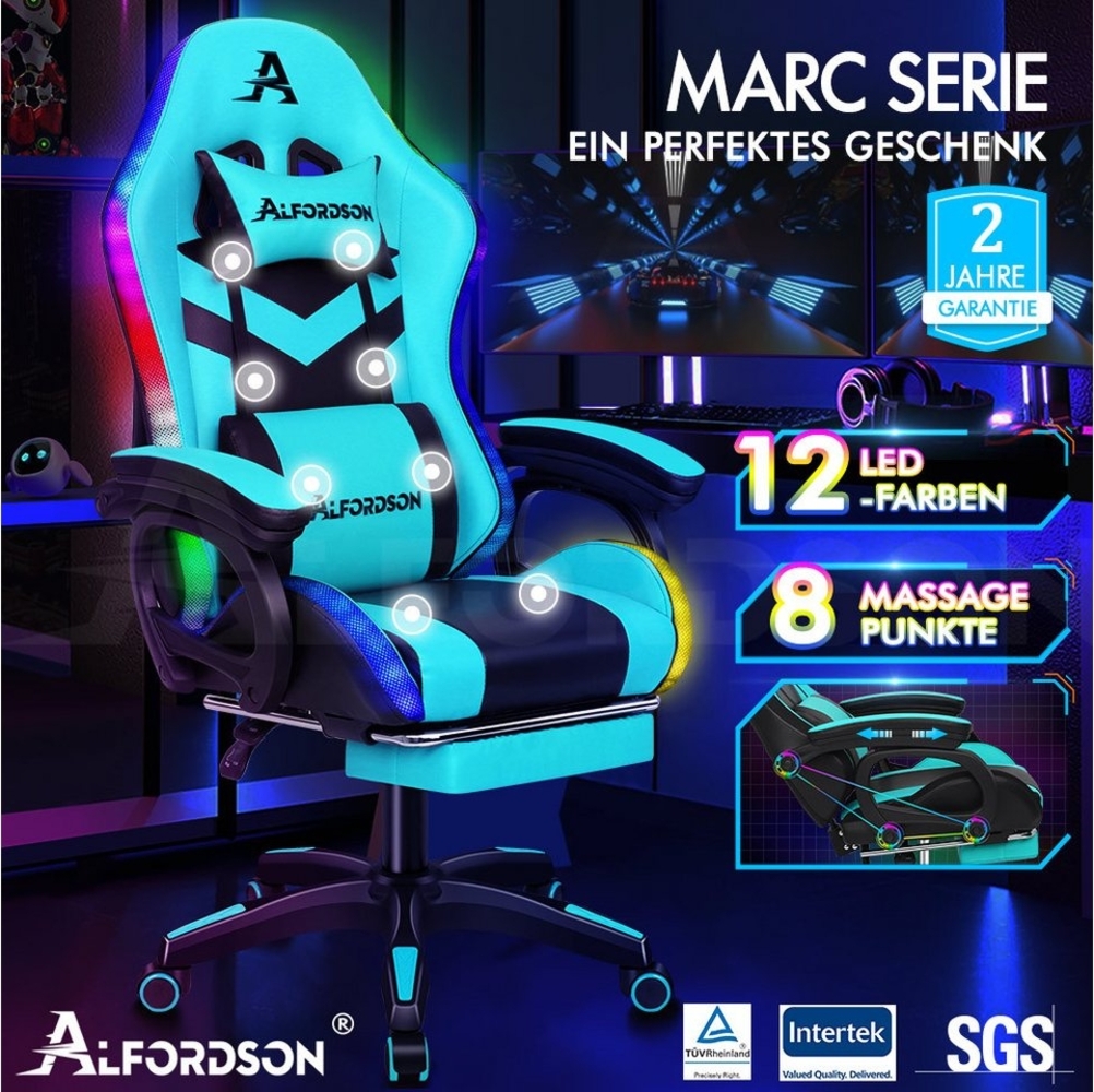 ALFORDSON Gaming-Stuhl 12 RGB LED-Farben Fernbedienung, Gleitschienen-Armlehne (1 St), Einziehbare Fußstotze B-Punkt Massage verstellbares kopfkissen Bild 1