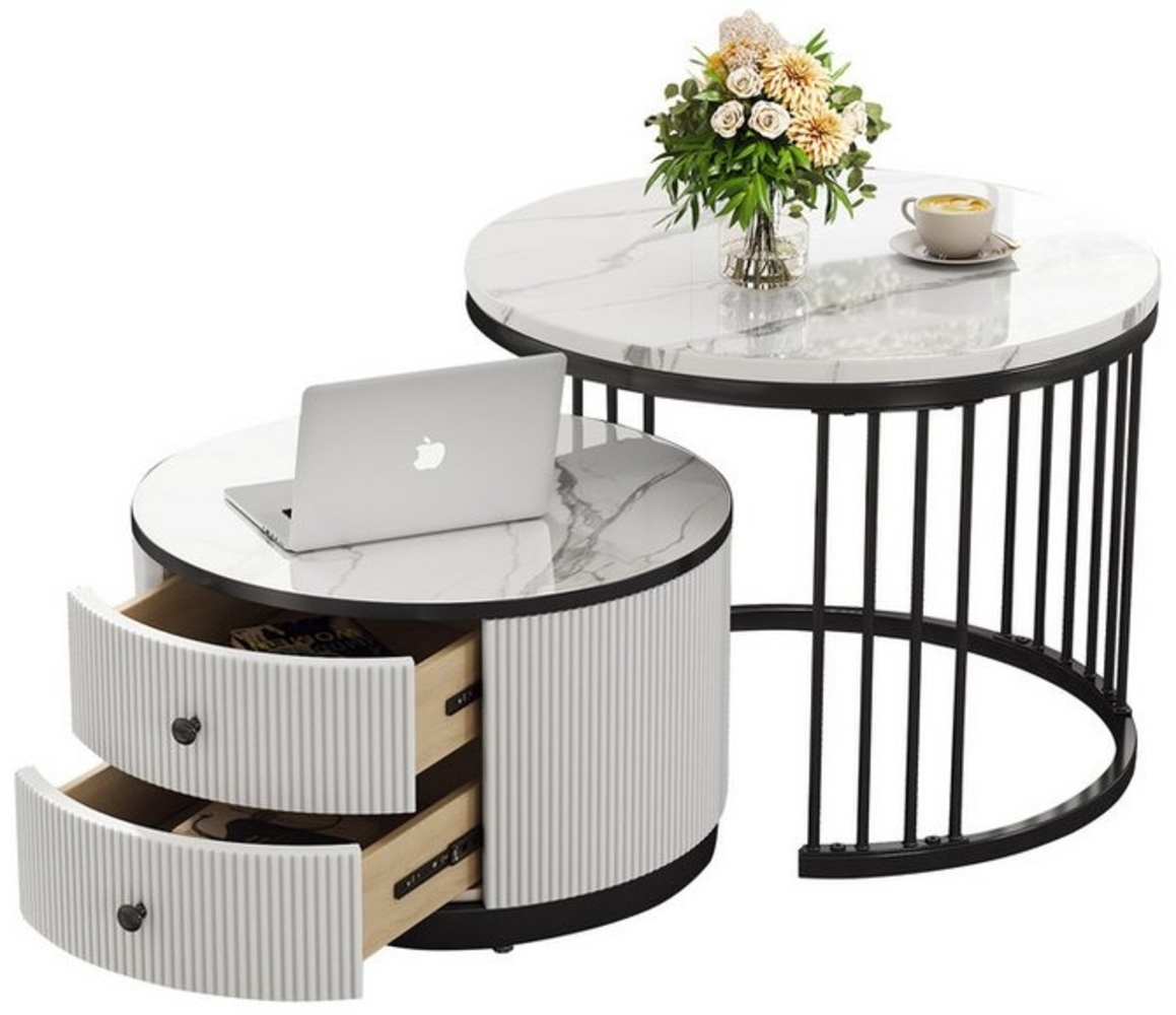 OKWISH Couchtisch Couchtisch-Set in Nestform (Sofatisch, Wohnzimmertisch, 2-St, 60*60*45.5+50*50*32 cm(L*W*H), mit 2 Schubladen, hochglänzender Marmoroptik Bild 1
