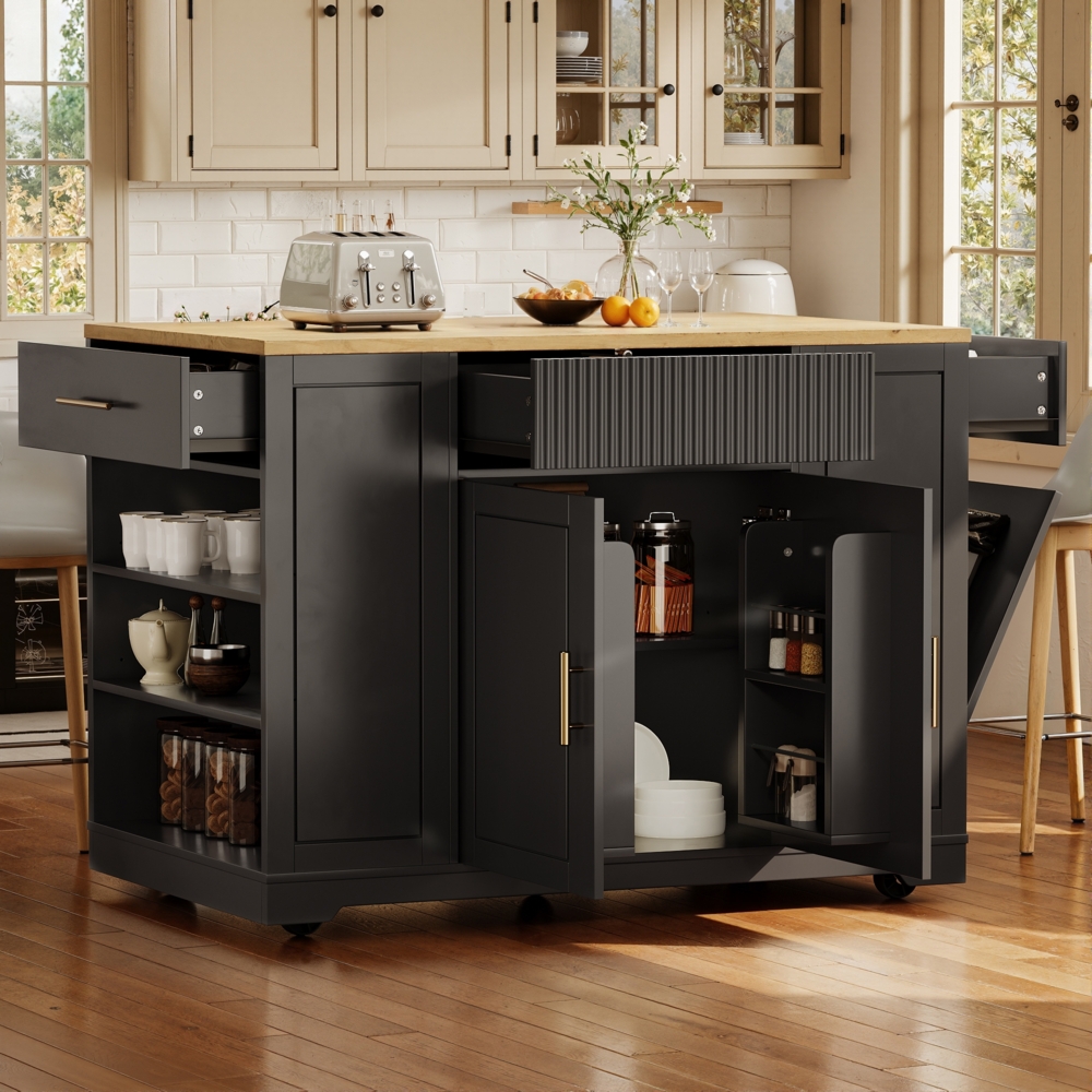 Kücheninsel mit integriertem Mülleimer, 2 Türen, 3 Schubladen und seitlichen Regalen, Schwarz freistehender Küchenschrank auf Rollen Bild 1