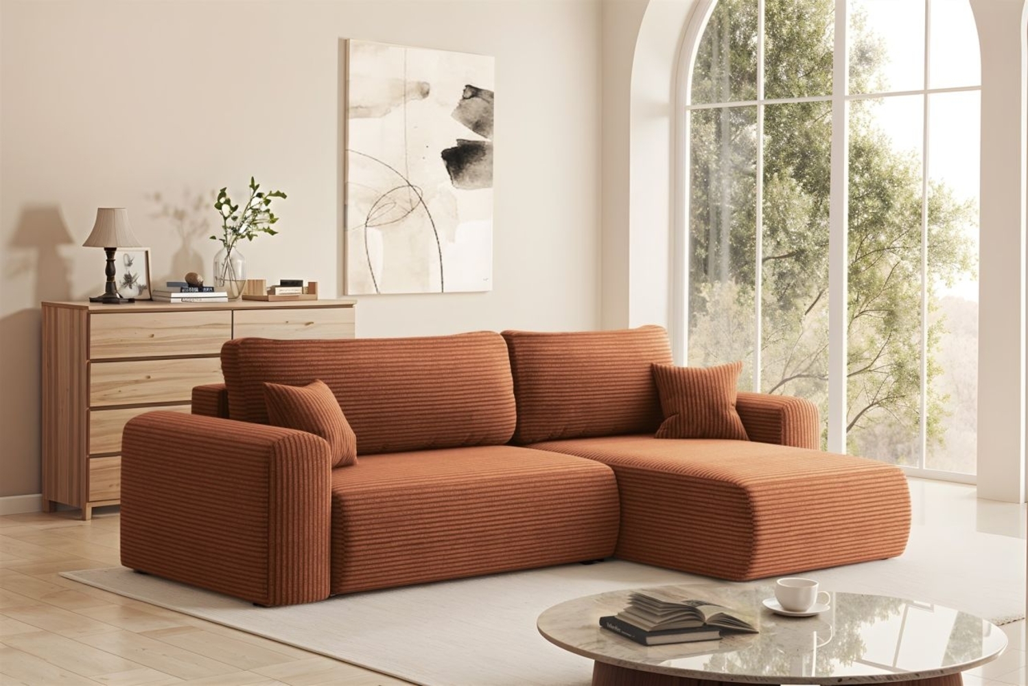 Ecksofa Schlafsofa FLORA Stoff Poso Rostbraun Ottomane Rechts Bild 1
