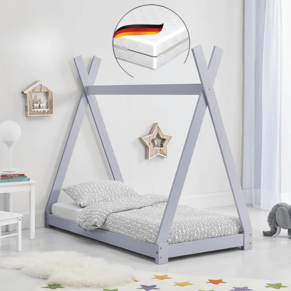 DELUKE® Kinderbett 80x160 YONA - mit Matratze Lattenrost Tipi-Optik Einzelbett Tipibett Hausbett Kinderzimmer Bodenbett Montessori Bett Grau Bild 1