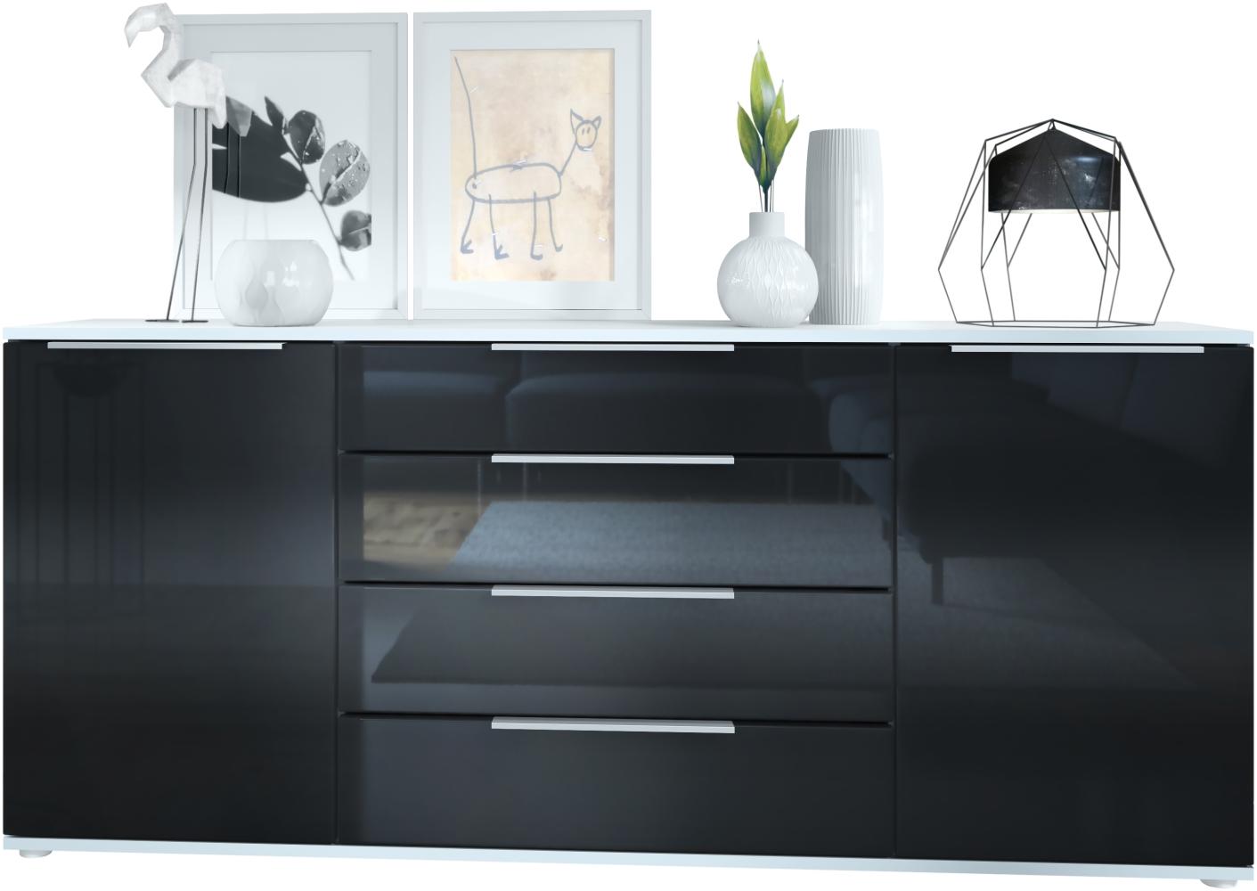 Vladon Sideboard Linio V2 166,5 x 72,5 x 35 cm Anrichte mit 2 Türen und 4 Schubladen, Korpus in Weiß matt, Fronten in Schwarz Hochglanz Bild 1