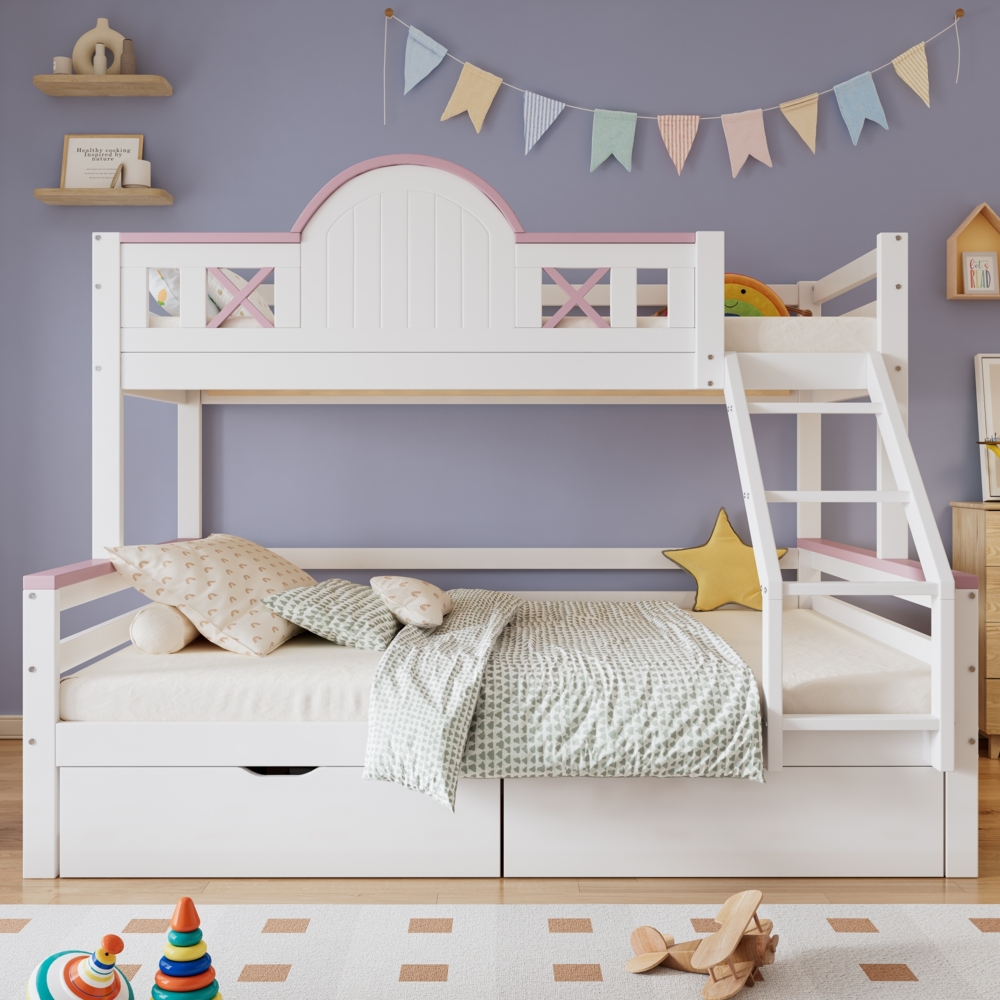 Merax 90x200cm&140x200cm Etagenbett, Kinderbett, mit farblich abgesetztem Fallschutzgitter, Zwei Schubladen, mit Fenster, mit vierstufigen Schrägleiter , einzigartige Fensterform, Kiefer+MDF, Weiß+Rosa Bild 1