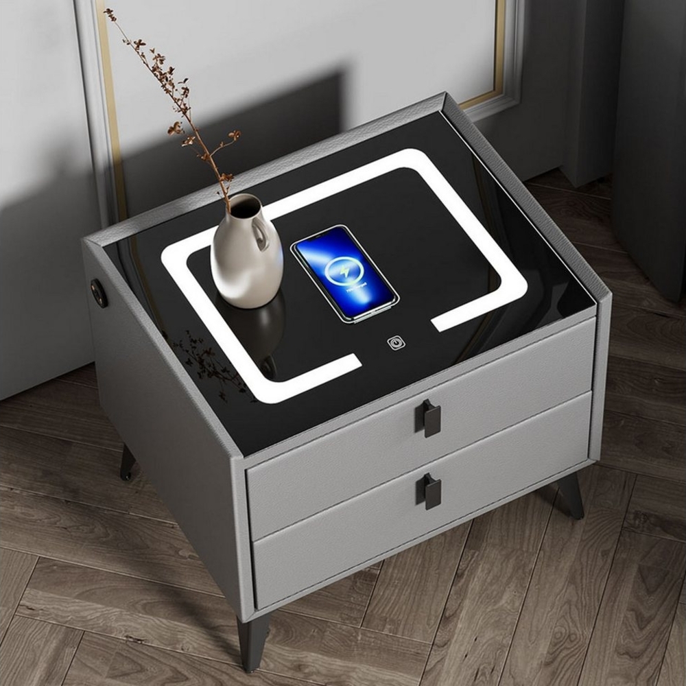 LOVONLIVE Nachttisch Intelligenter Nachttisch mit Wireless Charging,LED-Licht &2 Schubladen (Moderner Nachttisch mit LED-Licht, kabelloser Ladefunktion, Stauraum, Inklusive kabellosem Laden, USB/Type-C-Anschluss, LED-Beleuchtung), Dreifarbige LED, Touc... Bild 1
