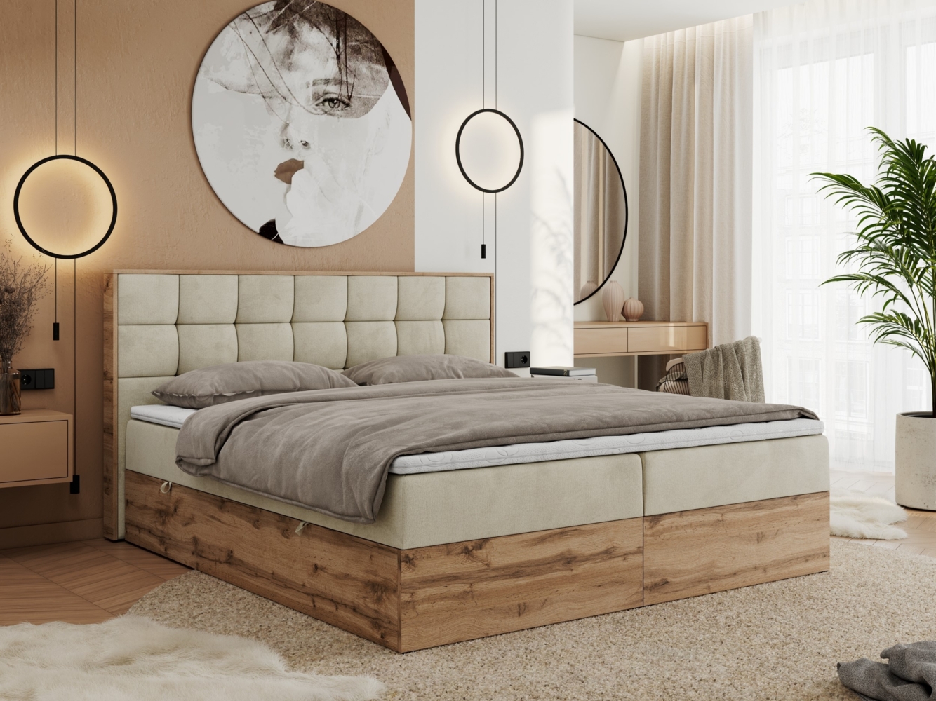 Boxspringbett mit Kopfteil und Topper, Polsterbett - ALBERO 1 - 140 x 200 cm - Beige Velvet - H3 Bild 1