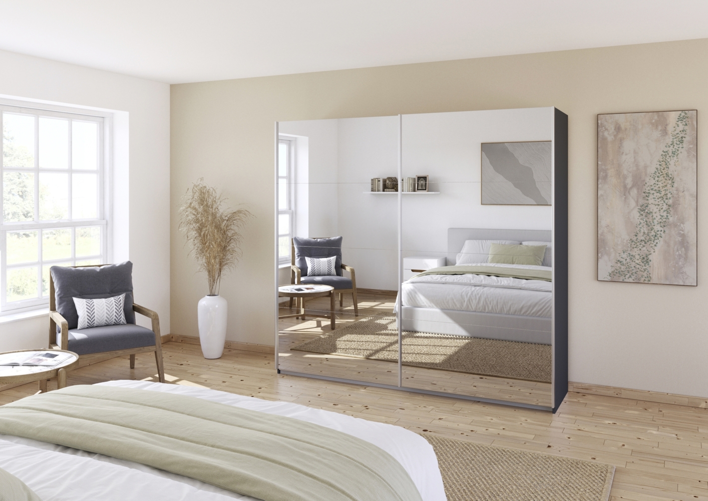 rauch Quadra, Kleiderschrank, Schiebetürenschrank, 2-türig, mit Spiegel, mit 3 Kleiderstangen und 6 Einlegeböden, Farbe Grau metallic, BxHxT 226x229x62cm Bild 1