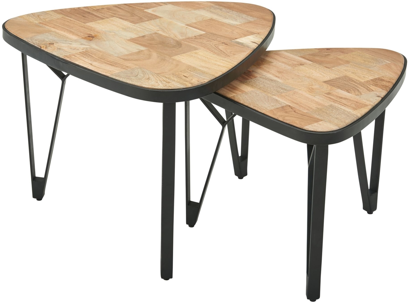 Design Couchtisch 2er Set Mango / Akazie Massivholz Satztisch Dreieckig, Wohnzimmertisch Braun mit Metallbeine, Tischset 2-teilig Satztisch Holz / Metall Schwarz Bild 1