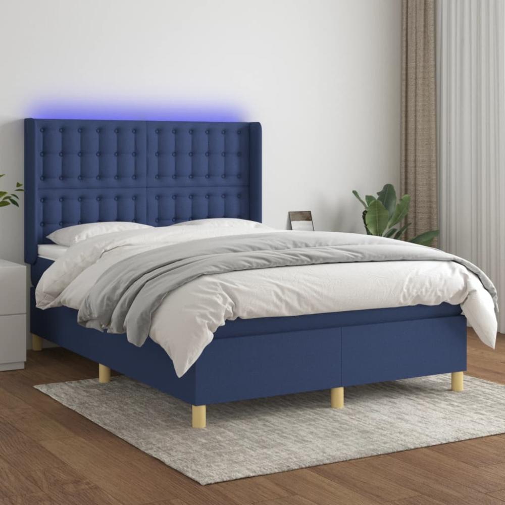 vidaXL Boxspringbett mit Matratze & LED Blau 140x200 cm Stoff 3139203 Bild 1