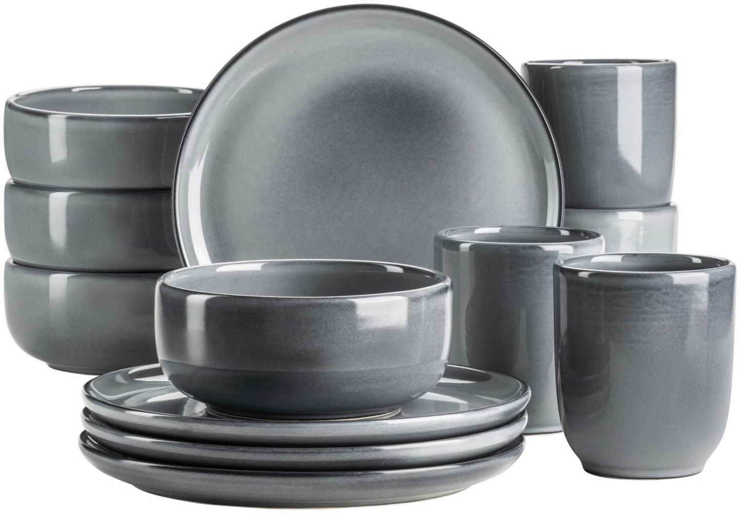 Frühstücksgeschirr Set für 4 Personen mit henkellosen Kaffeebechern, moderne nordische Formen, 12-teiliges Service; Grau Bild 1