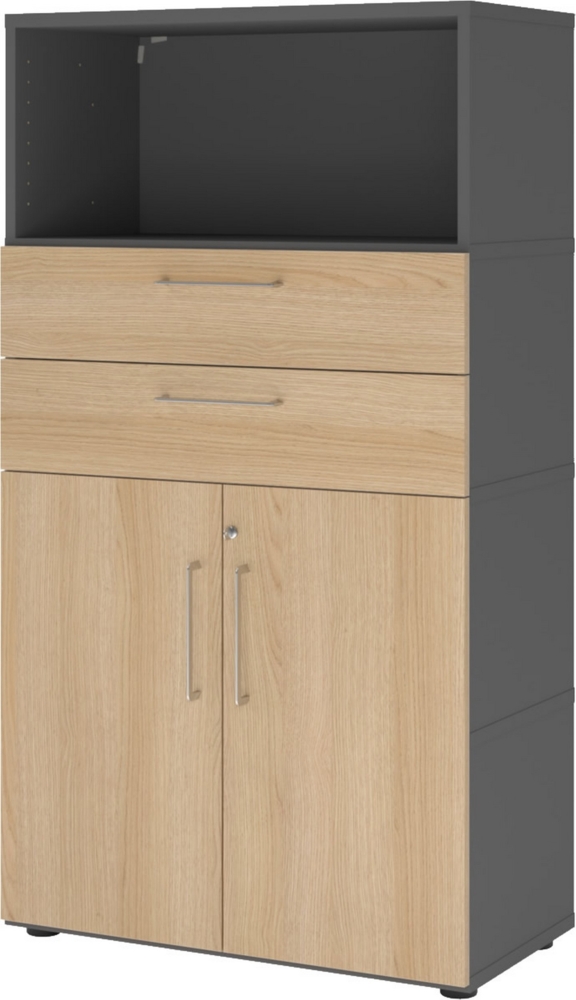 bümö flexi Aktenschrank abschließbar mit Flügeltüren & 2 Schubladen in Graphit/Eiche, Büroschrank mit werkzeuglosem Schnellmontage-Klicksysten in modularer Bauweise, FW48K2KG-G-E-BS Bild 1