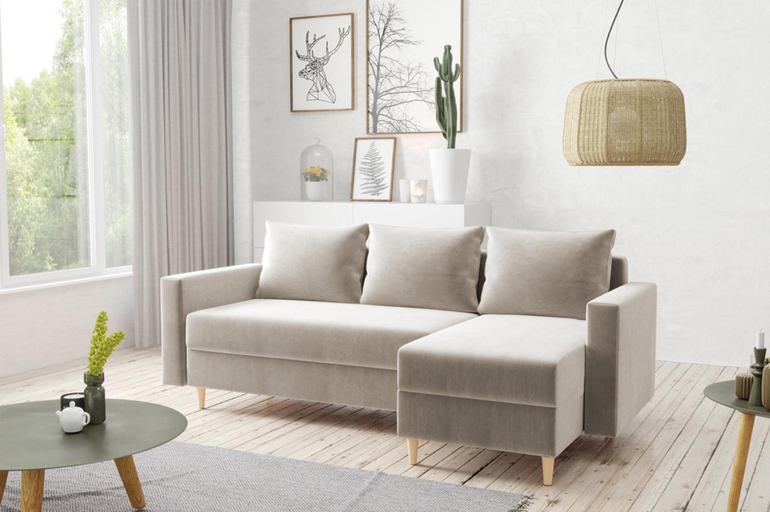 AX LIVING Walston 3-Sitzer Couch mit Schlaffunktion – Ecksofa Samt 224cm Beige Bild 1
