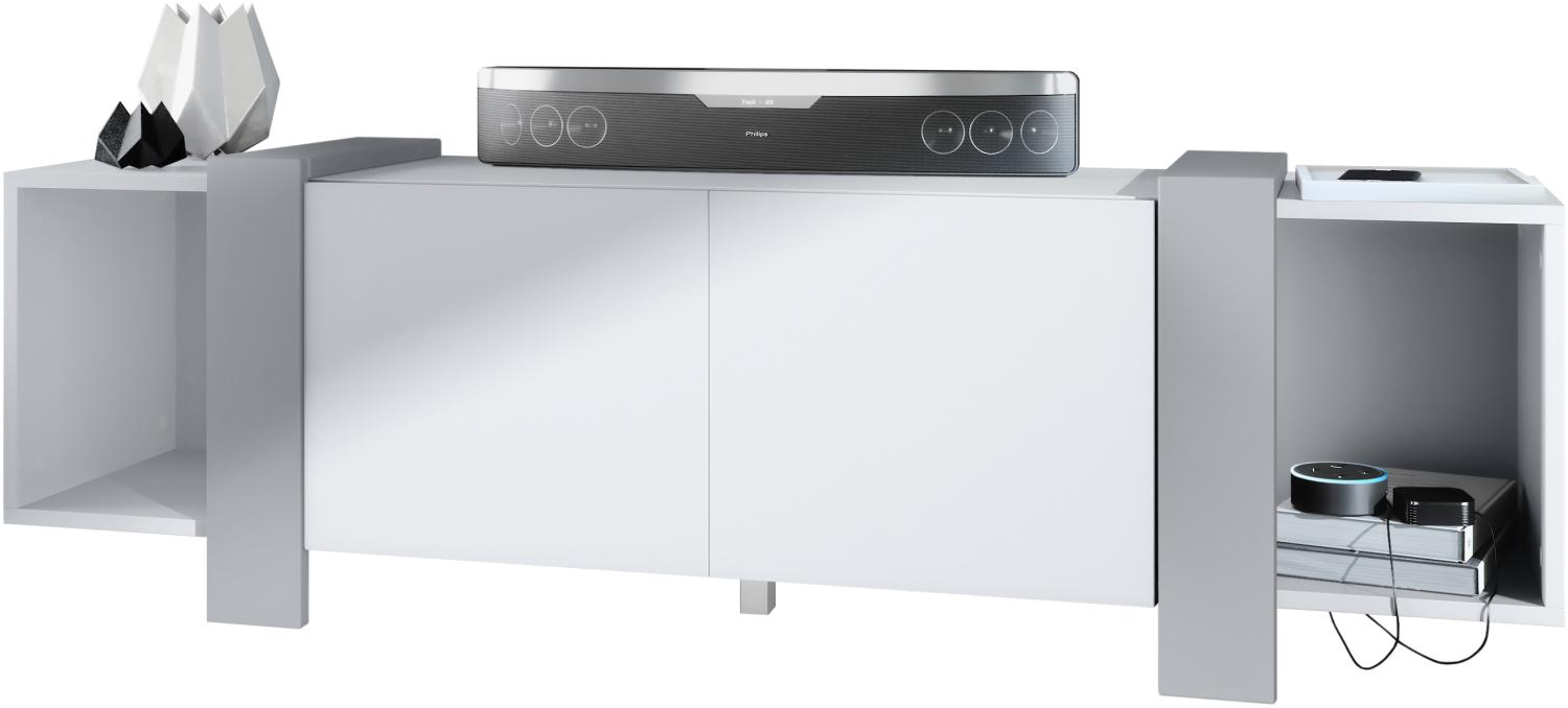 Vladon Lowboard Ida 149 x 45,5 x 34 cm TV-Board mit 4 Fächern und PTO-Türen, Korpus in Weiß matt, Blenden in Hellgrau seidenmatt Bild 1