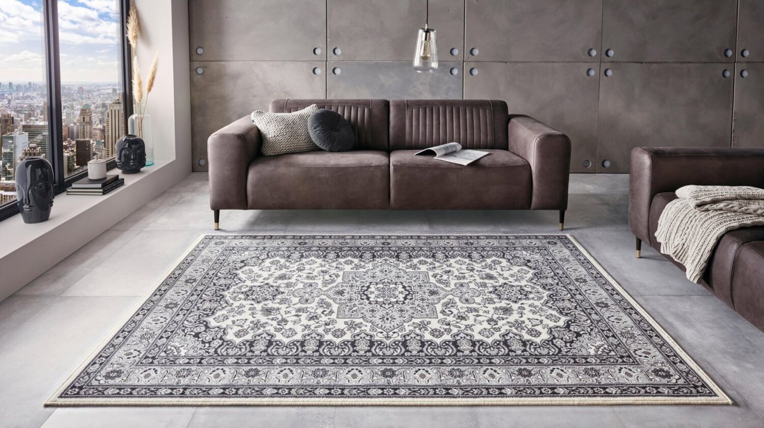 Orientalischer Kurzflor Teppich Parun Täbriz Creme Grau - 80x250x0,9cm Bild 1