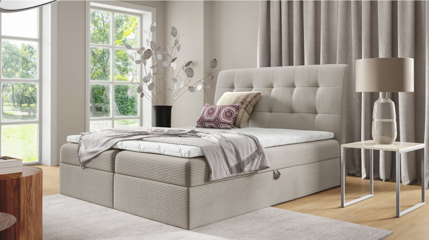 Massivart® Boxspringbett DIEGO 160 x 200 cm / Cordbezug / creme, Bettkästen / inkl. Topper / 7-Zonen-Taschenfederkern Matratzen H3 Bild 1