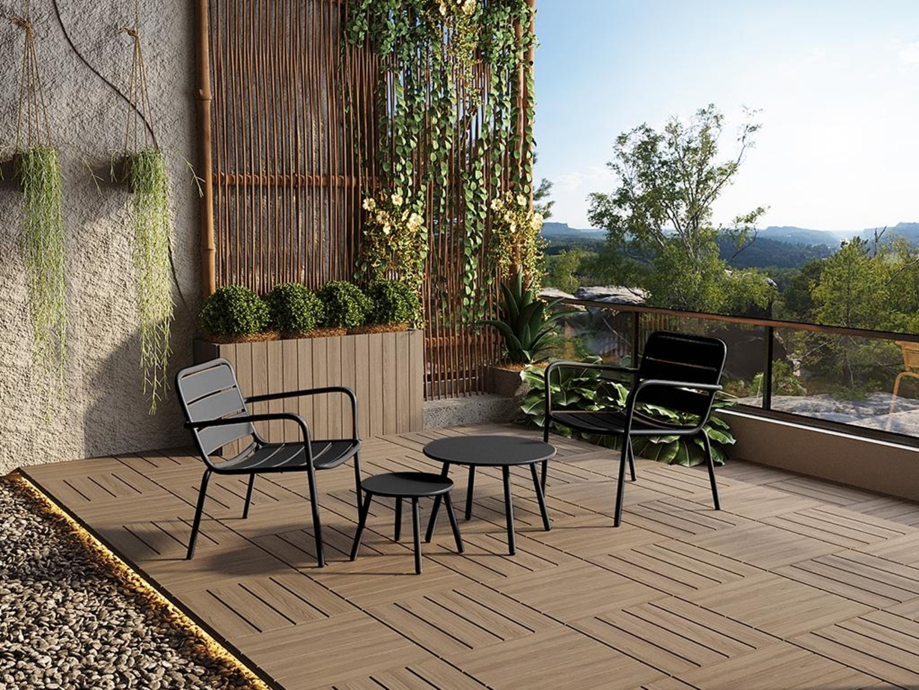 Vente-unique - Garten-Sitzgruppe: 2 niedrige, stapelbare Sessel + Beistelltische - Metall - Schwarz - MIRMANDE von MYLIA Bild 1