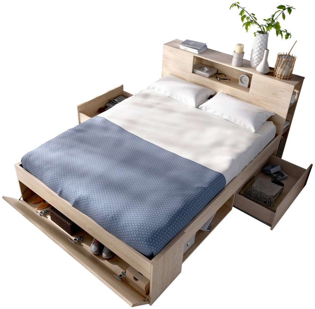 Dmora Doppelbett Conching, Struktur des Container-Betts, Sommier mit Verkleidung, Matratzenhalterstruktur, 150x219 h95 cm, Anthrazit und Eiche Bild 1