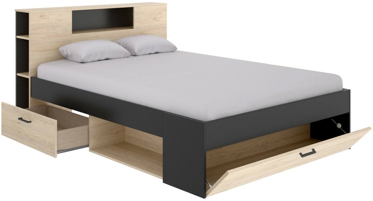 Dmora Doppelbett Conching, Struktur des Container-Betts, Sommier mit Verkleidung, Matratzenhalterstruktur, 150x219 h95 cm, Anthrazit und Eiche Bild 1