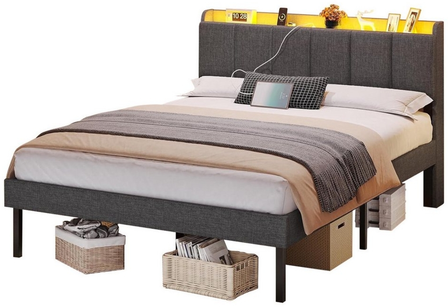 MSMASK Polsterbett Jugendbett mit LED-Beleuchtung und Ladestation (1-tlg, Ohne Matratze), Dimmbare Farben, Bettrahmen 140x200 cm Bild 1