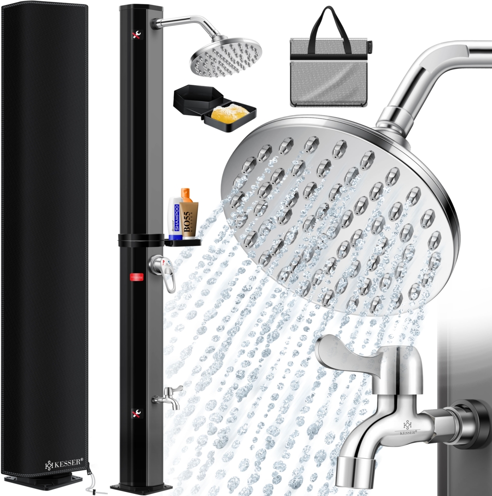KESSER® Solardusche 35 Liter Solar Gartendusche + Metall-Duschablage | warmes Wasser | max. 60°C | ohne Stromanschluss | Pooldusche Camping| Regenduschkopf und Wasserhahn | Gartenschlauch-Anschluss | Schwarz / Anthrazit Bild 1