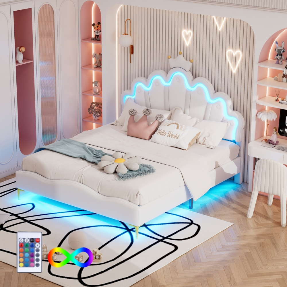 Prinzessinnenbett 140x200 cm mit LED-Beleuchtung und Kronen-Design – Kinderbett in Weiß, Polsterbett mit Kunstleder,Kopfteil in Wolkenform Bild 1