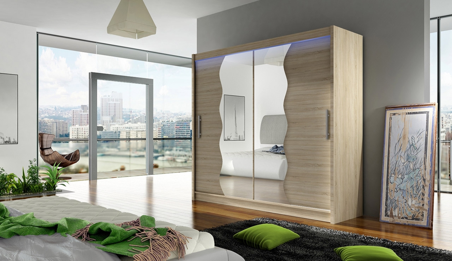 Kleiderschrank London X, mit RGB LED Beleuchtung, Farbe: Sonoma Eiche / Spiegel Bild 1