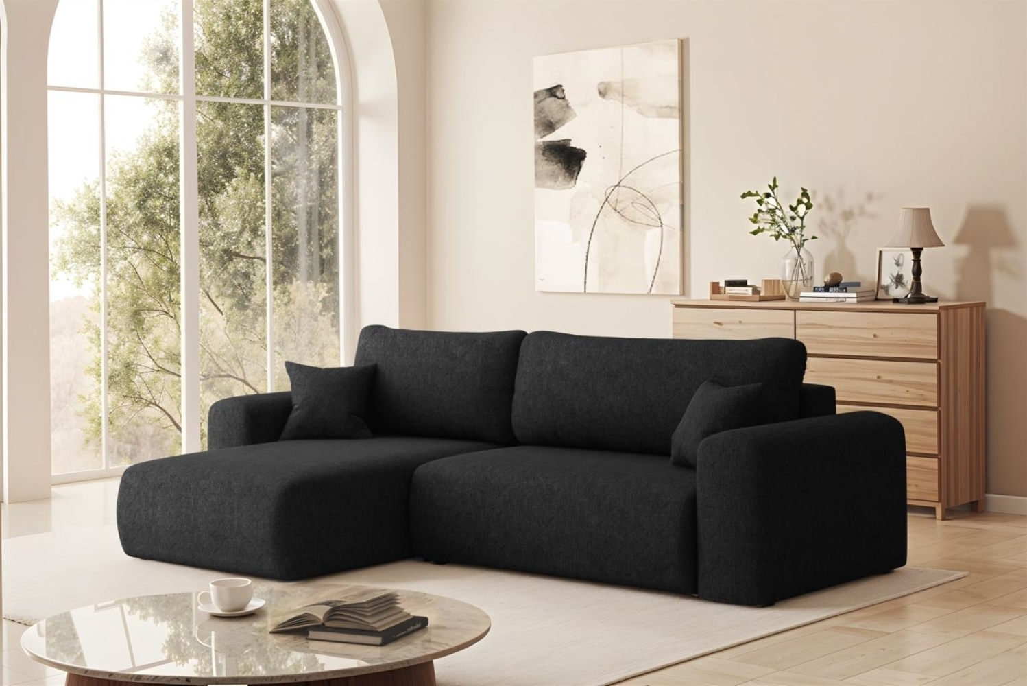 Ecksofa Schlafsofa FLORA Stoff Verita Schwarz Ottomane Links Bild 1