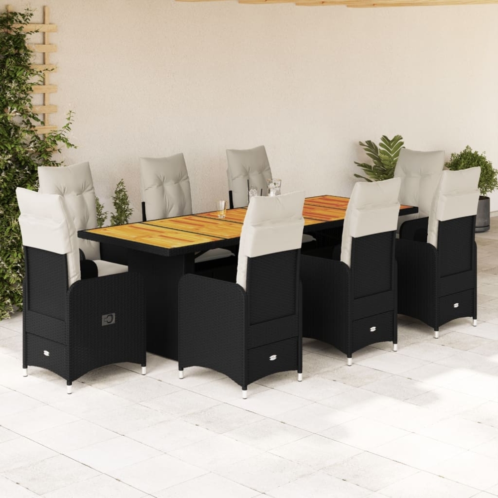 vidaXL 9-tlg. Garten-Bistro-Set mit Kissen Schwarz Poly Rattan 3277271 Bild 1