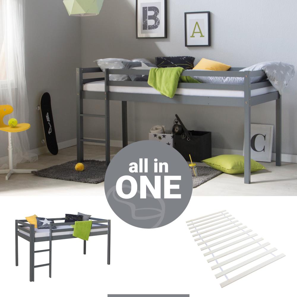 Hochbett mit Lattenrost Leiter 90x200 cm Kinderbett Grau Holz Kiefer Massiv Stockbett Bild 1
