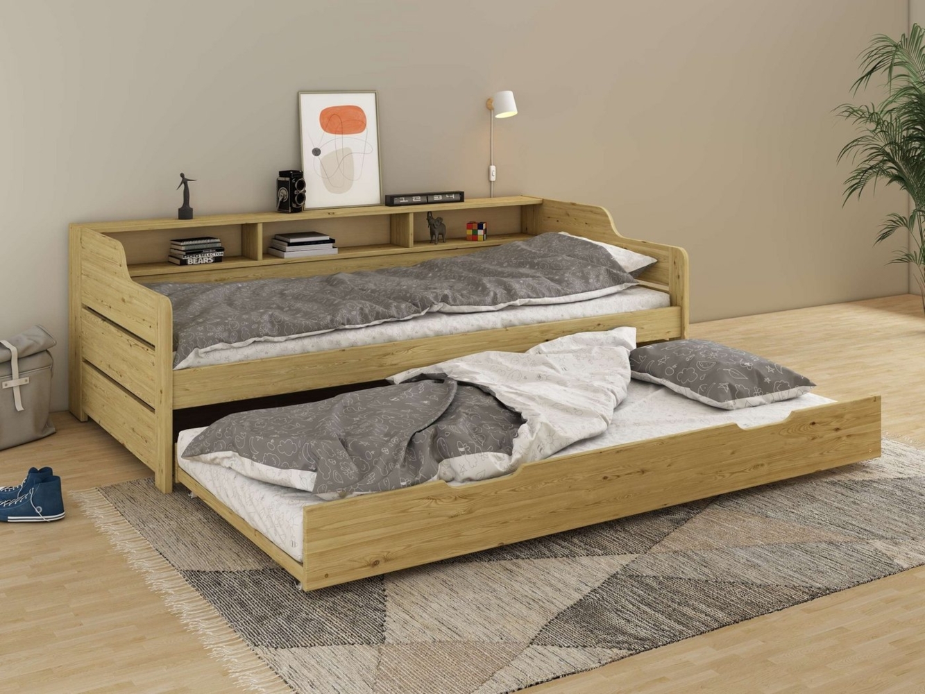 Home affaire Daybett "REETE1", Stauraum, Funktionsbett, Kinderbett, inklusive Schubkasten, mit Regalen, FSC® zertifiziertes Massivholz (Kiefer), Landhausstil Bild 1