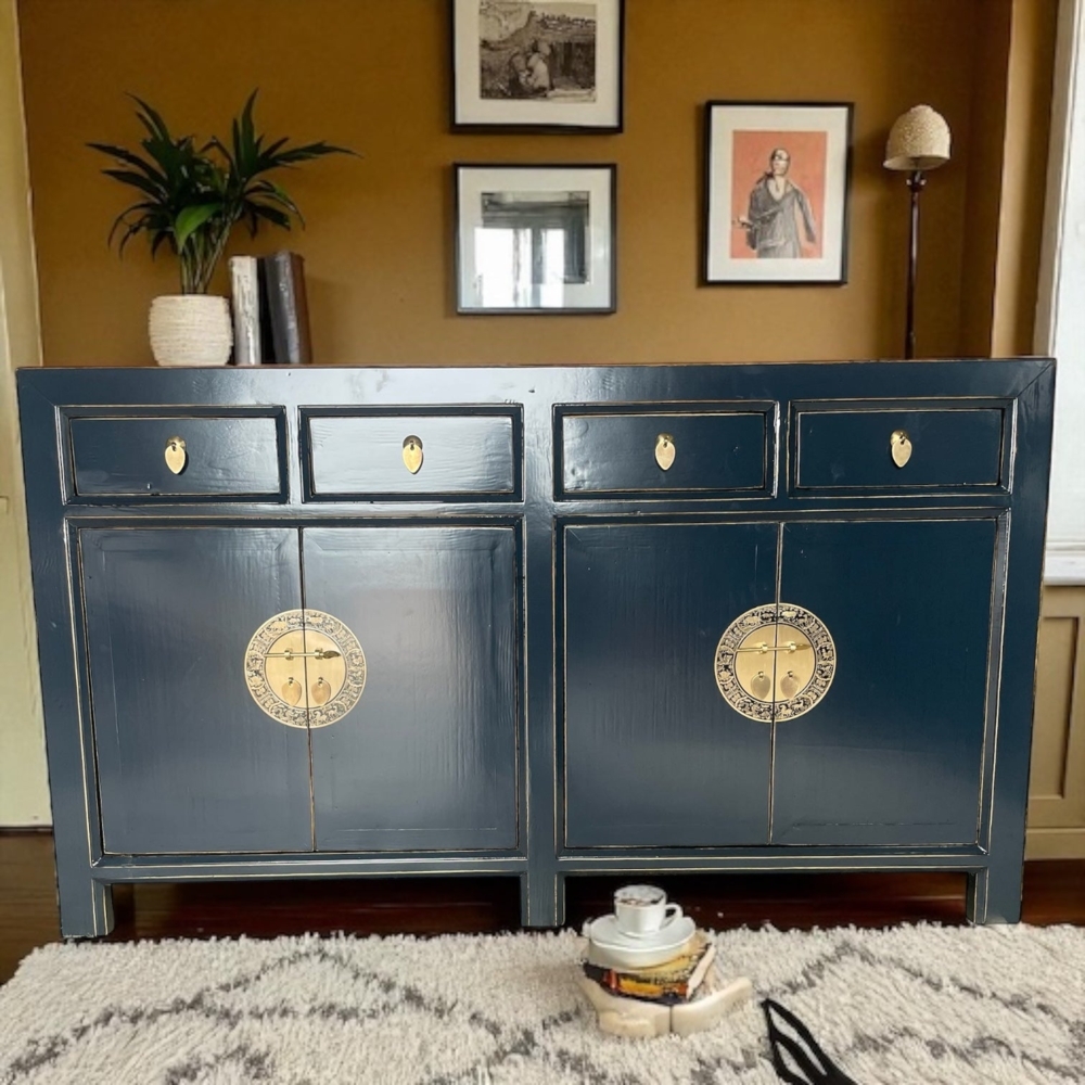Chinesisches Sideboard Blau Mitternachtsblau Messingbeschlag vintage schlicht Schrank Kommode Kolonial-Stil Antik-Stil Lowboard asiatisch orientalisch Fernost shabby-chic Landhaus Bild 1