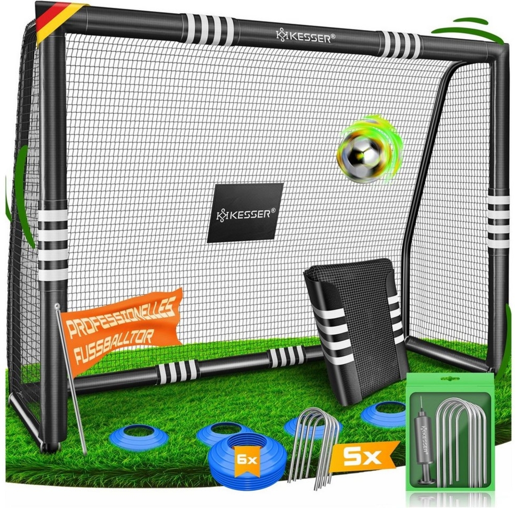 KESSER® Fußballtor mit Polsterung, Erdhaken, Luftpumpe & Hüttchen, Stahlrahmen schwarz, 240x160 cm Bild 1