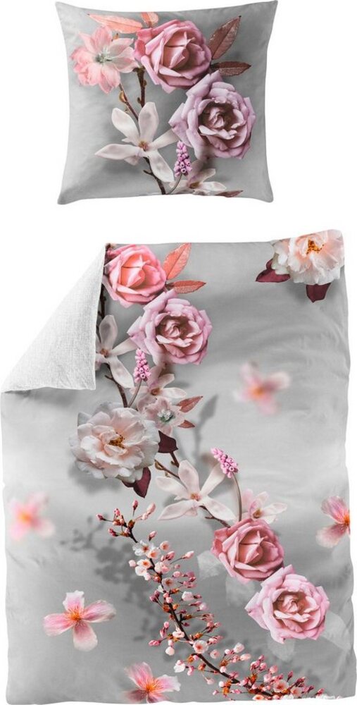 BIERBAUM Wendebettwäsche Pink Rose, Mako-Satin, 2 teilig, mit floralem Print Bild 1