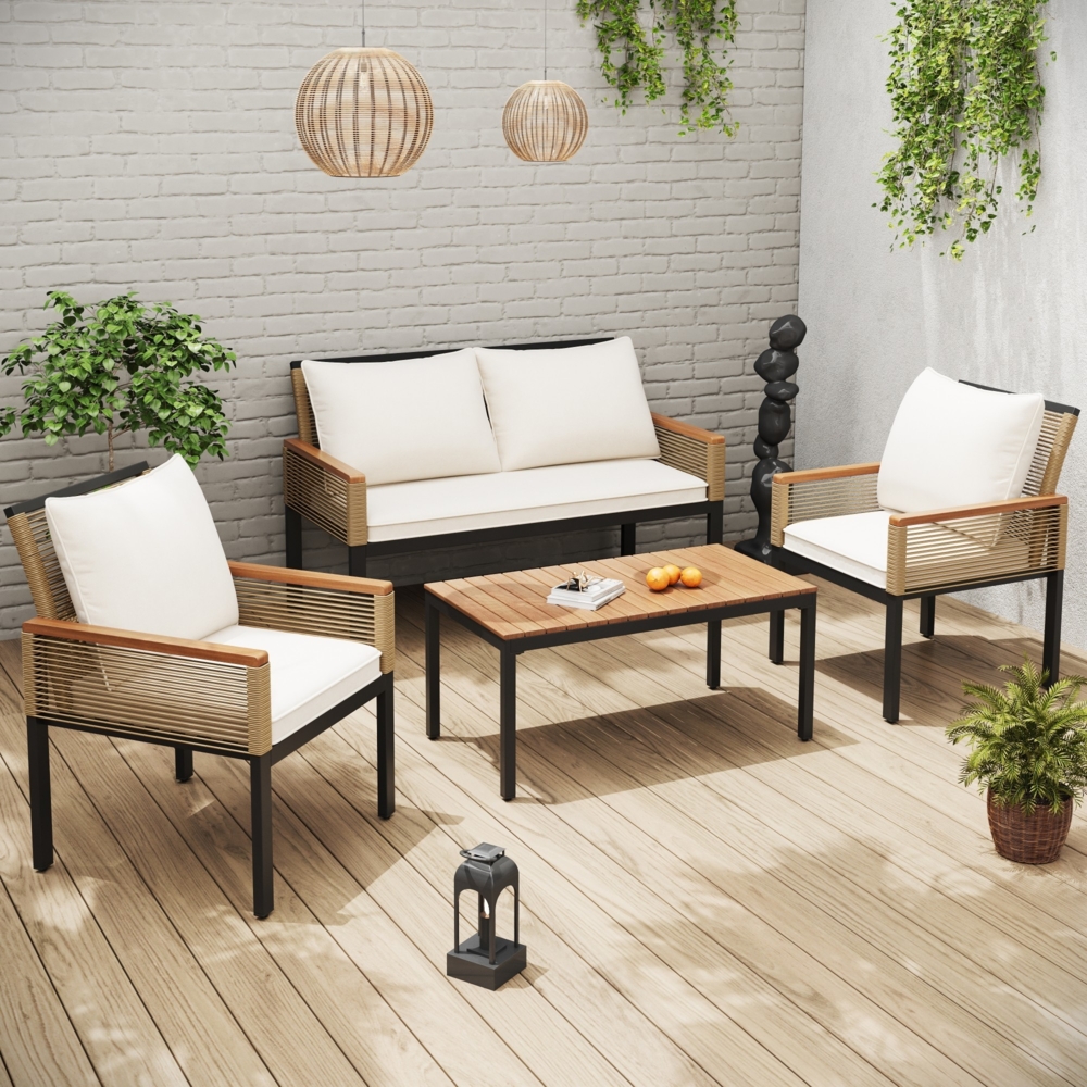 Merax Gartenlounge-Set, Gartenmöbel Set mit bequemem Kissen, Doppelsofa ,2 Sessel und Tisch, Outdoor, Rattan, Tisch und Stühle, Beige Bild 1