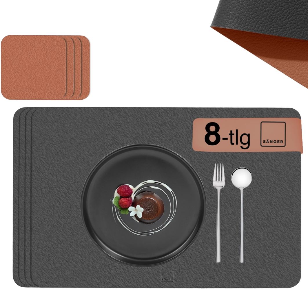 SÄNGER rechteckige Tischsets & Untersetzer aus Kunstleder 8 teilig für 4 Personen, Anthrazit + Braun Bild 1