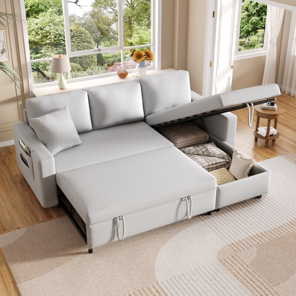 Schlafsofa mit Chaiselongue umwandelbar Bettsofa mit Stauraum Leinenstoff 3-Sitzer Sofa mit Kissen Wohnzimmer,Grau Bild 1