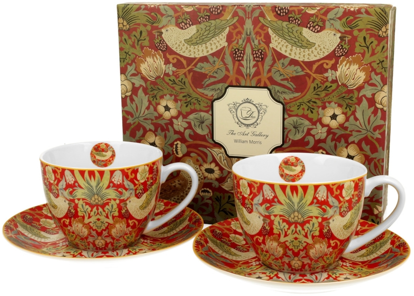 DUO ART GALLERY 2er-Set Tassen 280 ml STRAWBERRY THIEF RED mit Untertassen, New Bone China Porzellan Bild 1