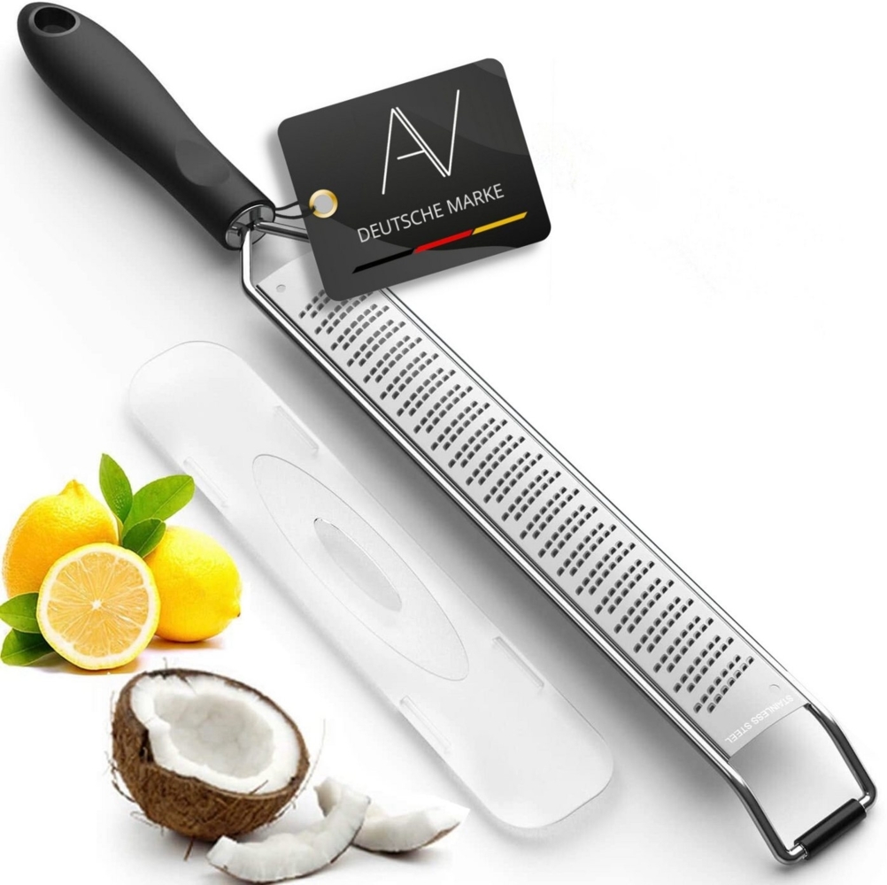 AVANA Küchenreibe Edelstahl Zester Reibe Handreibe Raspel Käsereibe Zitronenreibe, Edelstahl, Silikon Griff, Schwarz Bild 1