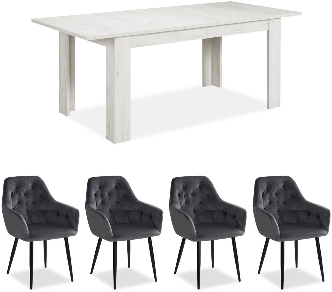 Esstisch mit 4 Stühlen Set Essgruppe Samt Polsterstühle Grau Küchentisch Modern Holz Shabby Weiß 160x90 cm Esszimmertisch Massiv Bild 1