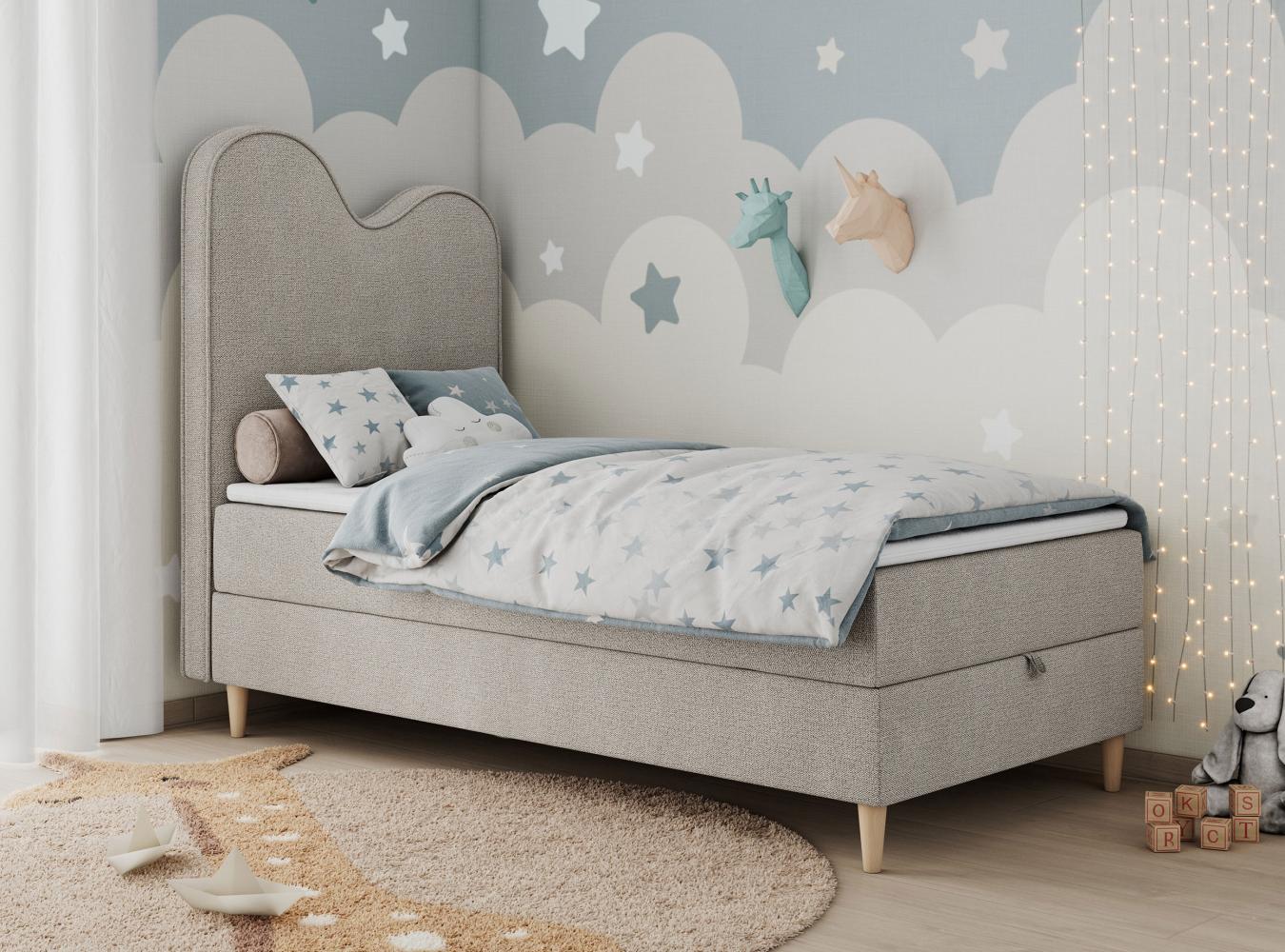 Kinderbett FLOW, Boxspringbett für Kinder, mit hohem Kopfteil, Einzelbett mit Matratze - 90x160 - Beige Stoff - Topper Visco Bild 1