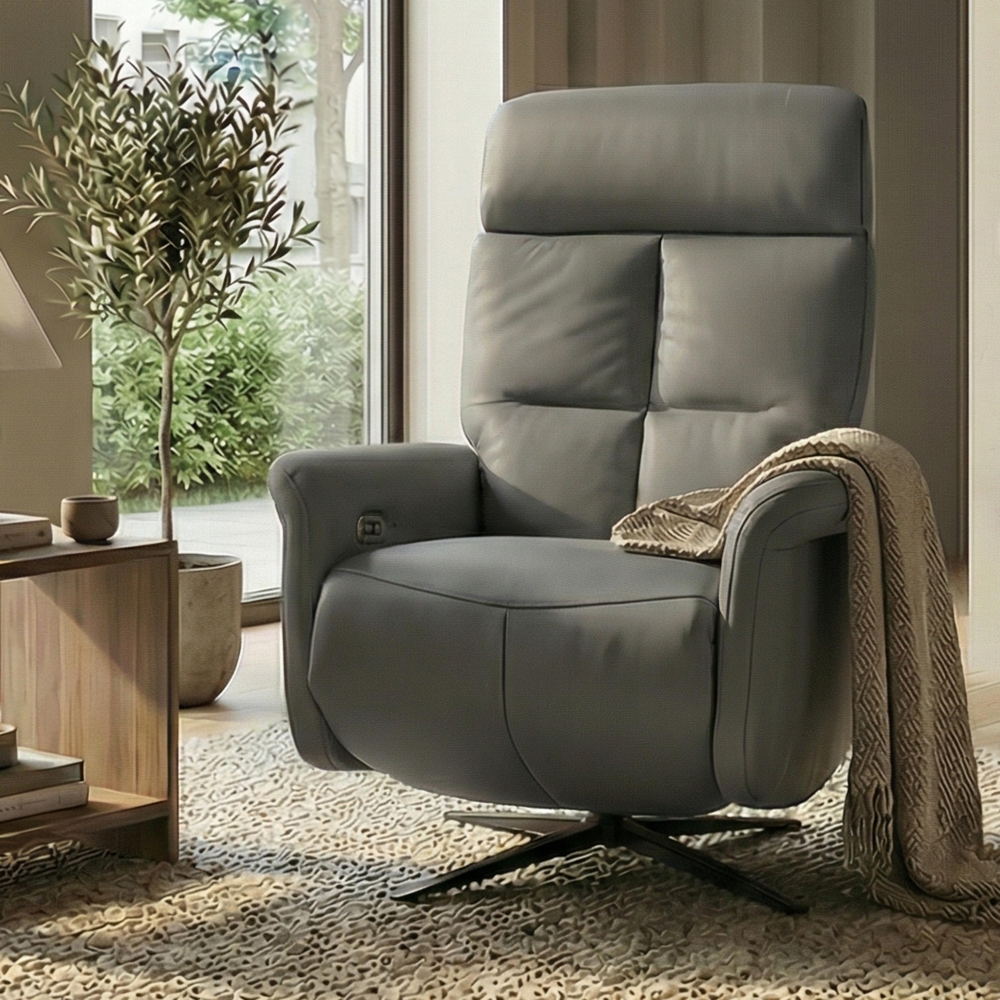 Relaxsessel HWC-L10, TV-Sessel Liegesessel, Liegefunktion drehbar, elektrisch verstellbar Voll-Leder ~ grau Bild 1