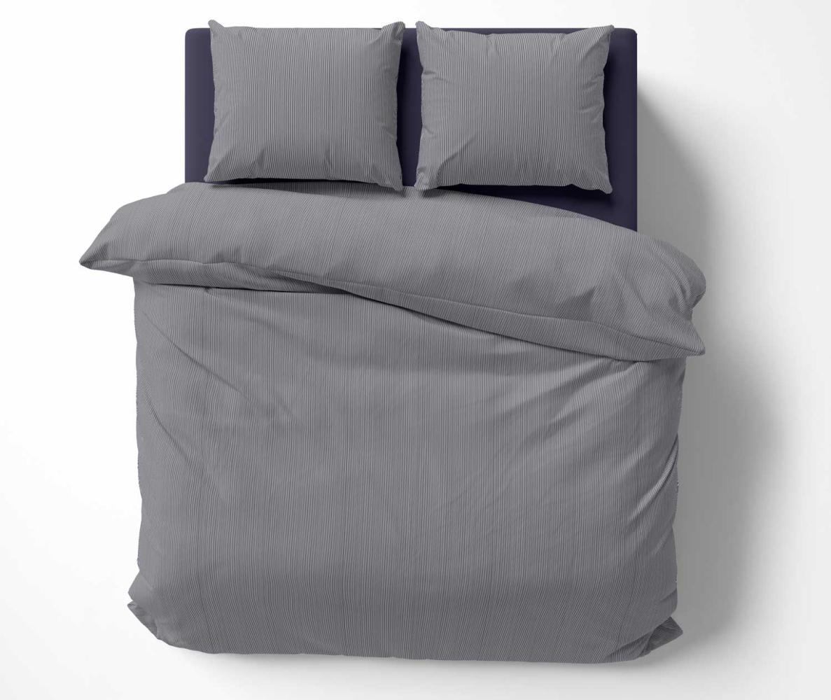 Mako Satin Bettwäsche Streifen schmal dunkelblau 135x200 + 80x80 Bild 1