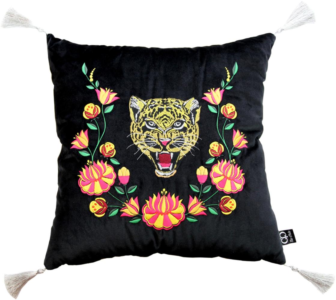 Casa Padrino Luxus Deko Kissen mit Troddeln Tiger Schwarz / Weiß 45 x 45 cm - Feinster Samtstoff - Luxus Qualität Bild 1